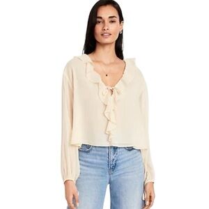 Old Navy Cream Ruffled Chiffon Cropped Lined Blouse Front Tie Size M